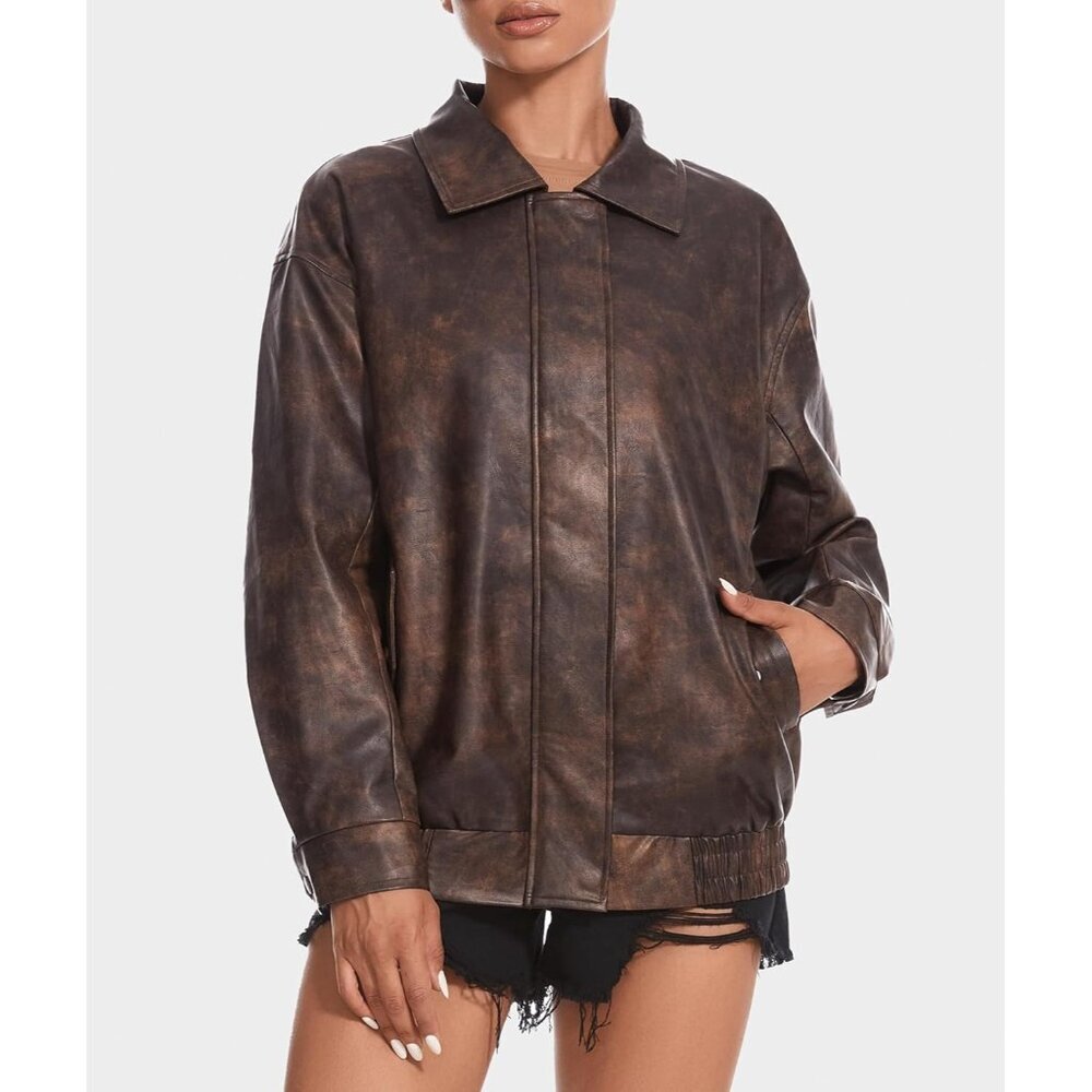 Women's Brown Faux Leather Jacket Oversized Motorcycle Zipper Bomber Coats - Picture 6 of 6
